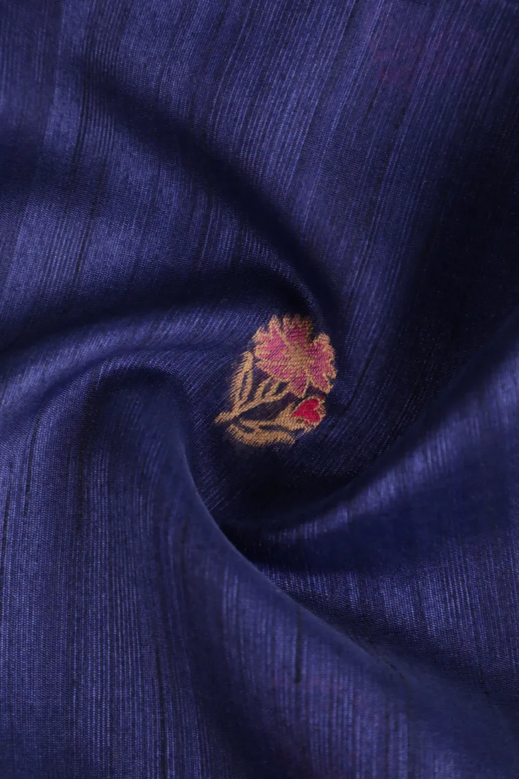 Indigo Blue Semi Tussar Silk with Gold And Silver Zari Flower Mottif view 4