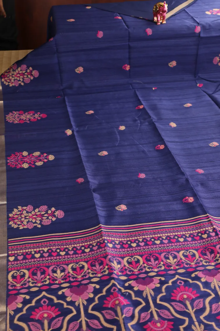 Indigo Blue Semi Tussar Silk with Gold And Silver Zari Flower Mottif view 2