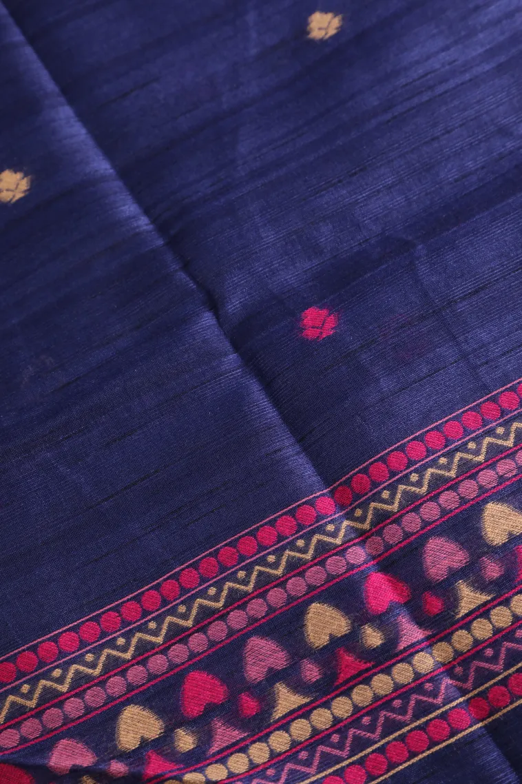 Indigo Blue Semi Tussar Silk with Gold And Silver Zari Flower Mottif view 3