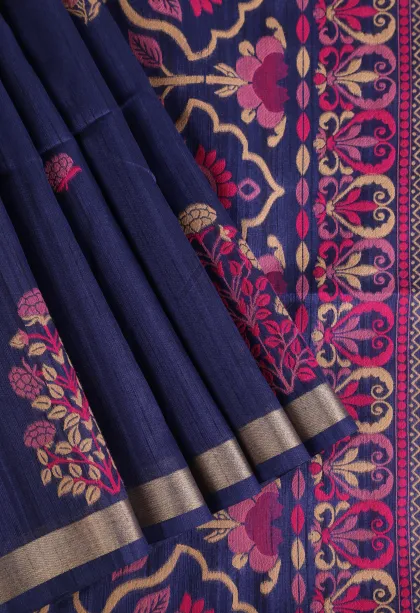 Indigo Blue Semi Tussar Silk with Gold And Silver Zari Flower Mottif