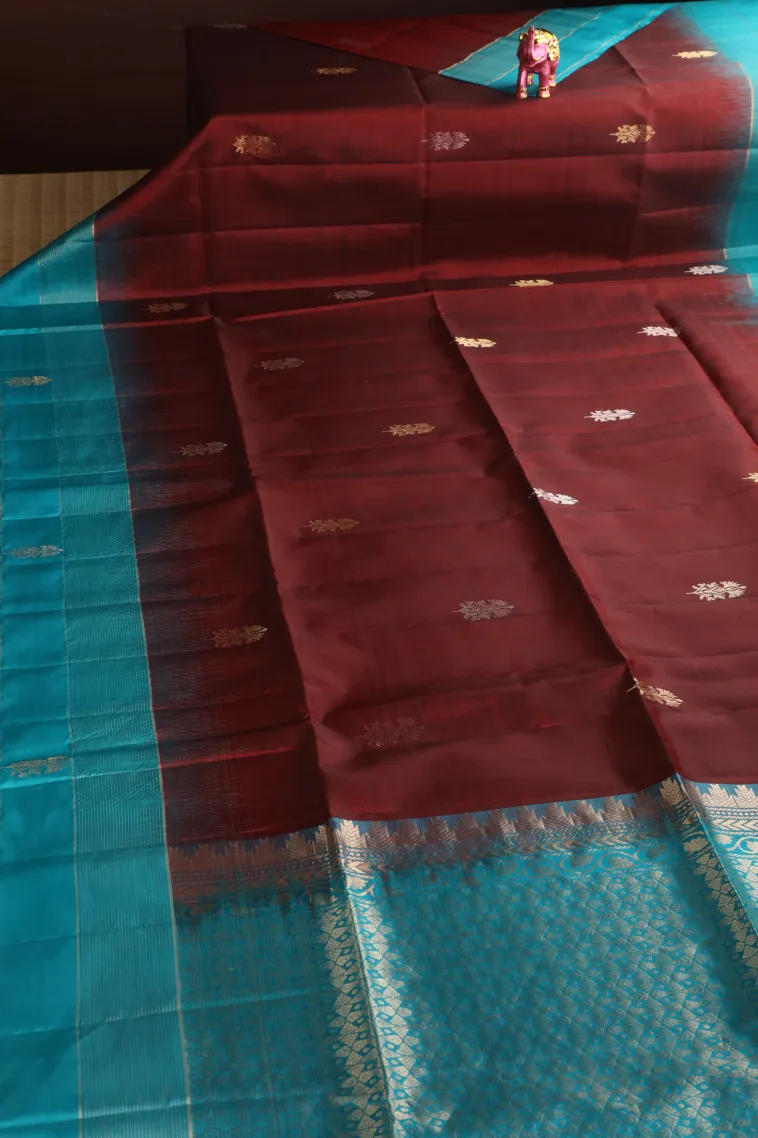 Currant Red Soft Silk Saree with Gold And Silver Zari Floral Puttas view 2