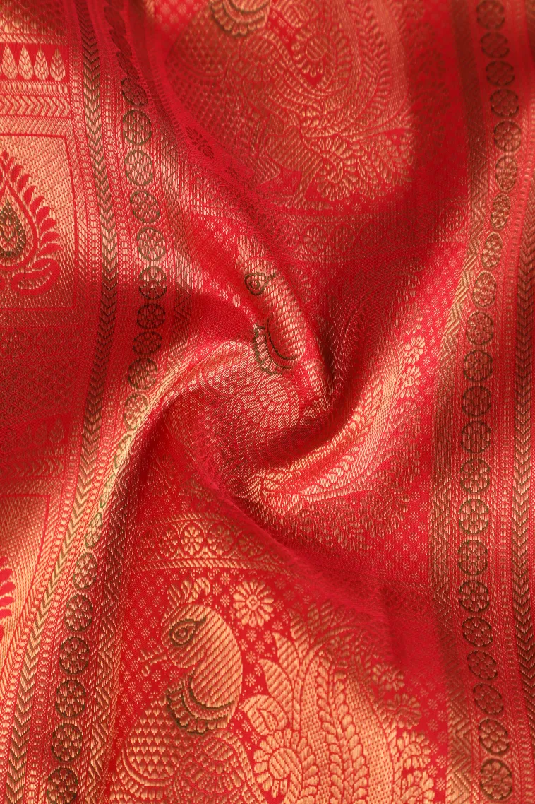 Rose Red Kanchipuram Silk Sarees with Gold Zari Peacock Motifs view 4
