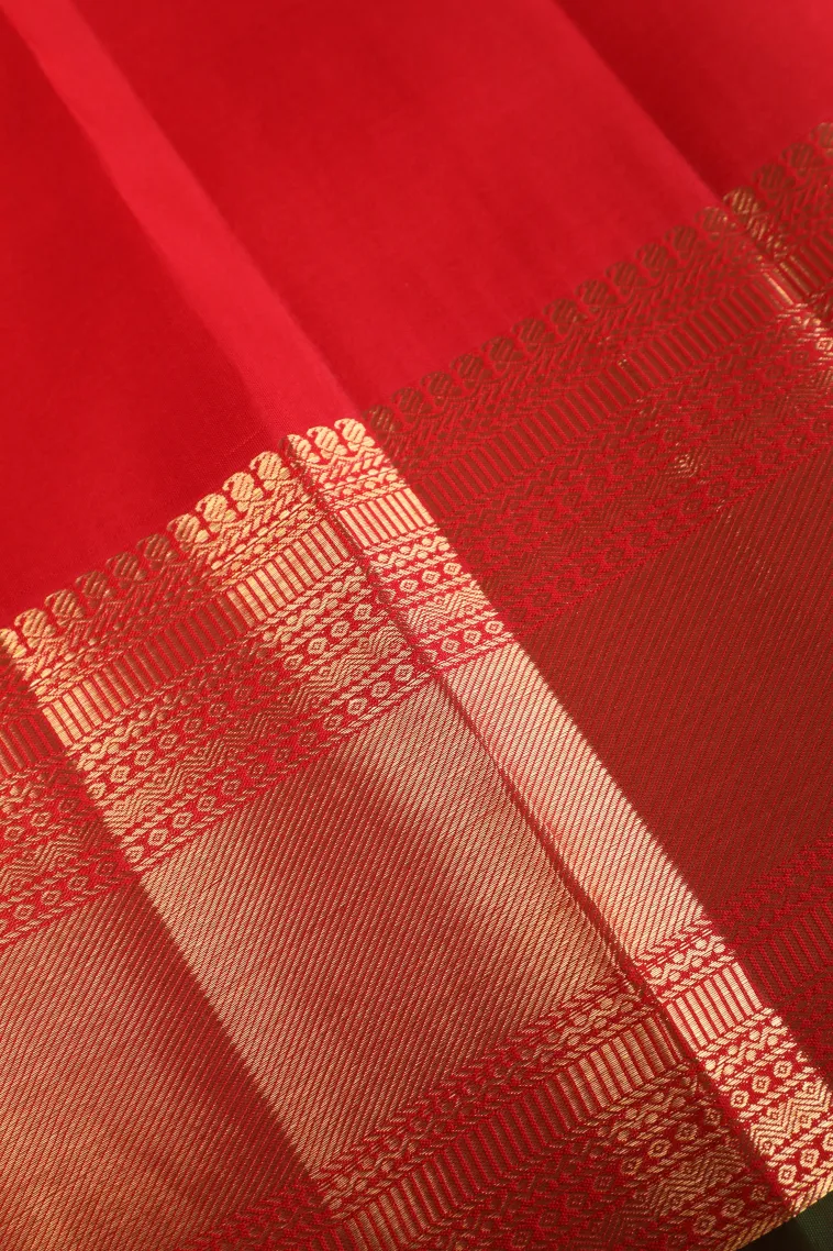 Rose Red Kanchipuram Silk Sarees with Gold Zari Peacock Motifs view 3
