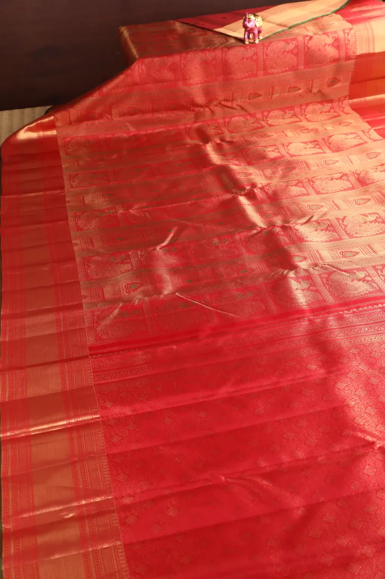 Rose Red Kanchipuram Silk Sarees with Gold Zari Peacock Motifs view 2