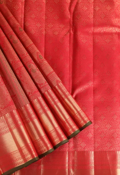 Rose Red Kanchipuram Silk Sarees with Gold Zari Peacock Motifs