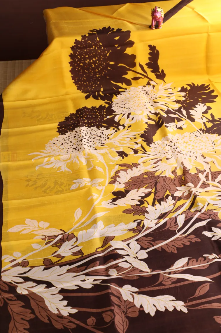 Lemon Yellow Soft Silk Sarees Without Zari With Floral Patterns view 2