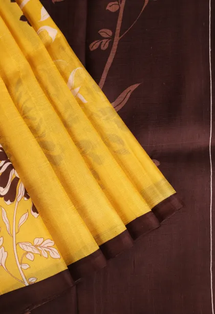 Lemon Yellow Soft Silk Sarees Without Zari With Floral Patterns