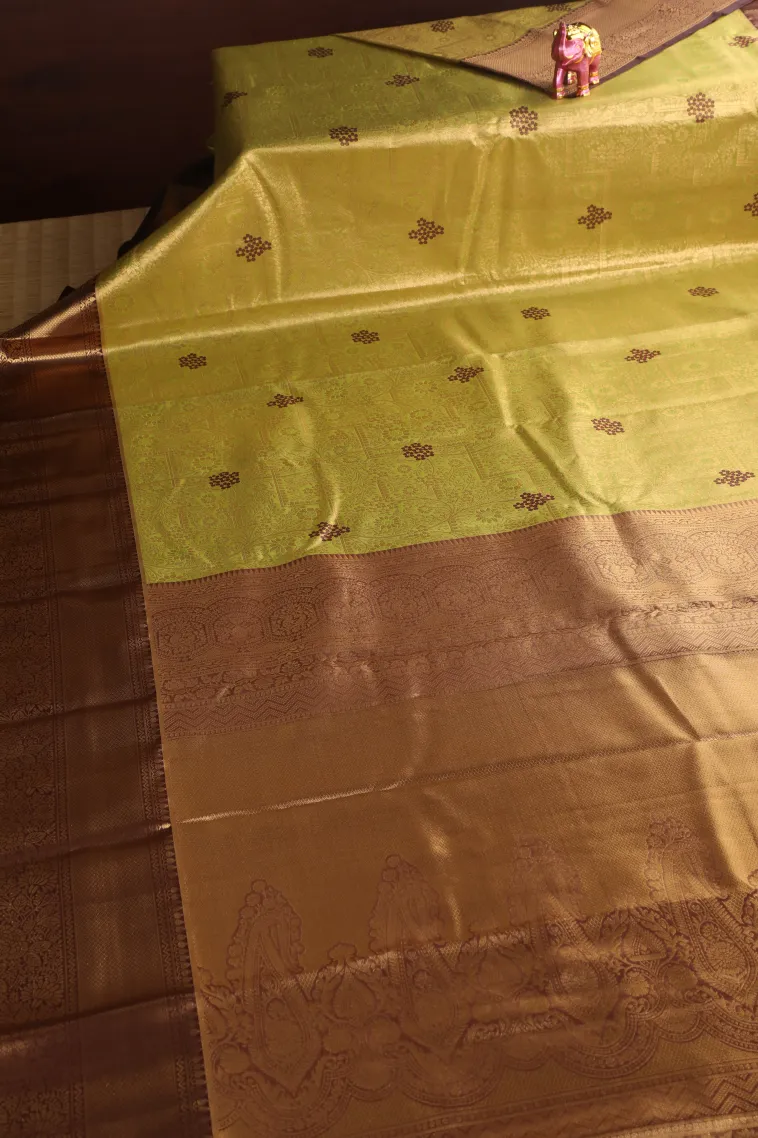 Olive Green Apoorva Silk Sarees with Gold Zari Floral Patterns view 2