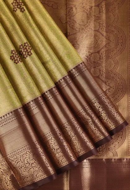 Olive Green Apoorva Silk Sarees with Gold Zari Floral Patterns