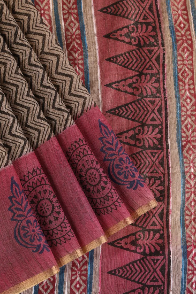 Tortilla Brown Tissue Silk Sarees with Gold Zari Zig Zag Pattern