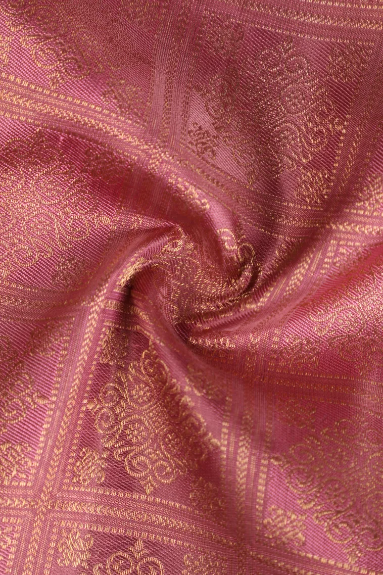 Salmon Pink Kanchipuram Silk Sarees with Gold Zari Checks And Puttas view 4