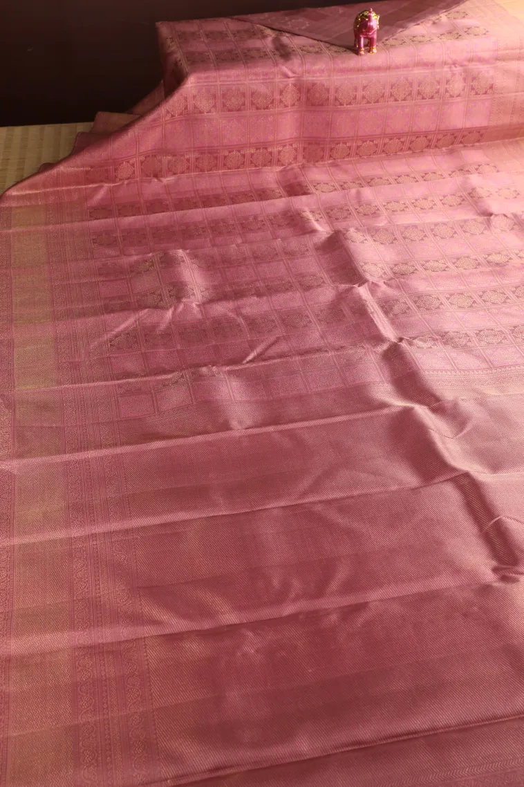 Salmon Pink Kanchipuram Silk Sarees with Gold Zari Checks And Puttas view 2