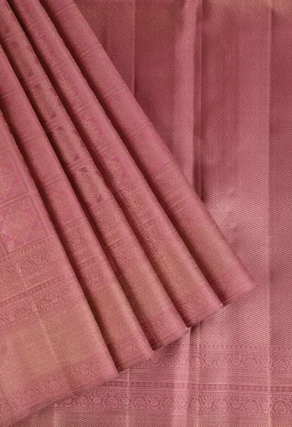 Salmon Pink Kanchipuram Silk Sarees with Gold Zari Checks And Puttas