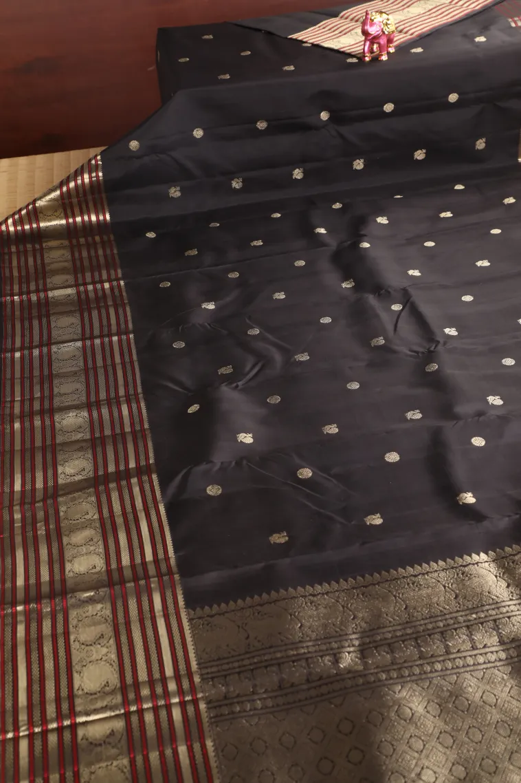 Asphalt Black Kanchipuram Silk Sarees with Gold Zari Peacock And Rudhractam view 2
