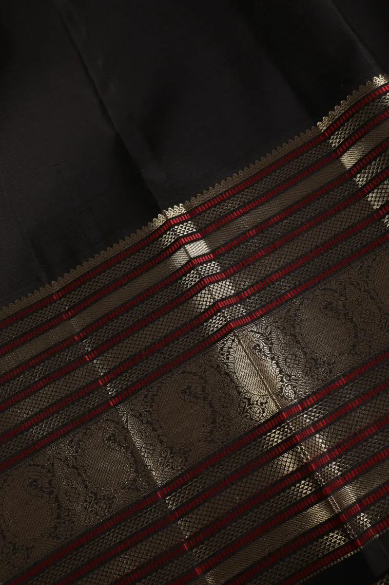 Asphalt Black Kanchipuram Silk Sarees with Gold Zari Peacock And Rudhractam view 3