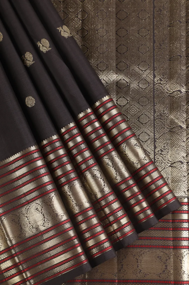 Asphalt Black Kanchipuram Silk Sarees with Gold Zari Peacock And Rudhractam