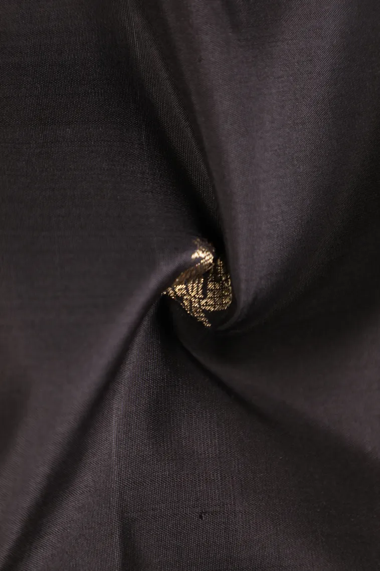 Asphalt Black Kanchipuram Silk Sarees with Gold Zari Peacock And Rudhractam view 4