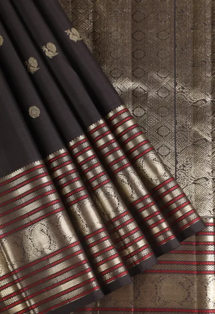 Asphalt Black Kanchipuram Silk Sarees with Gold Zari Peacock And Rudhractam