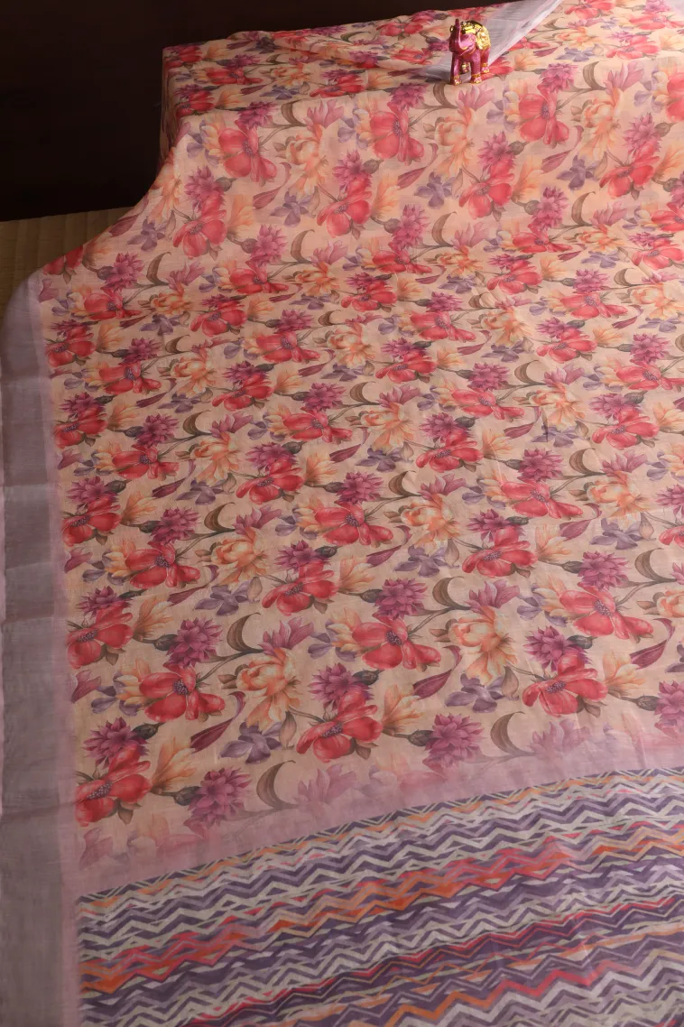 Vanilla Custard Yellow Linen Saree Without Zari With Floral Patterns view 2