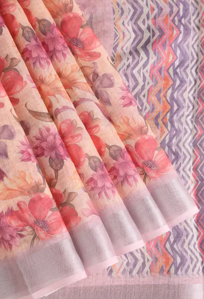 Vanilla Custard Yellow Linen Saree Without Zari With Floral Patterns