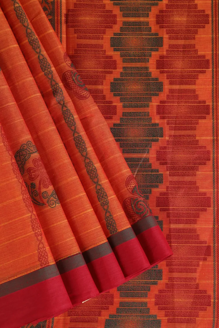 Carrot Orange Pure Handloom Kovai Cotton Without Zari With Stripes And Puttas