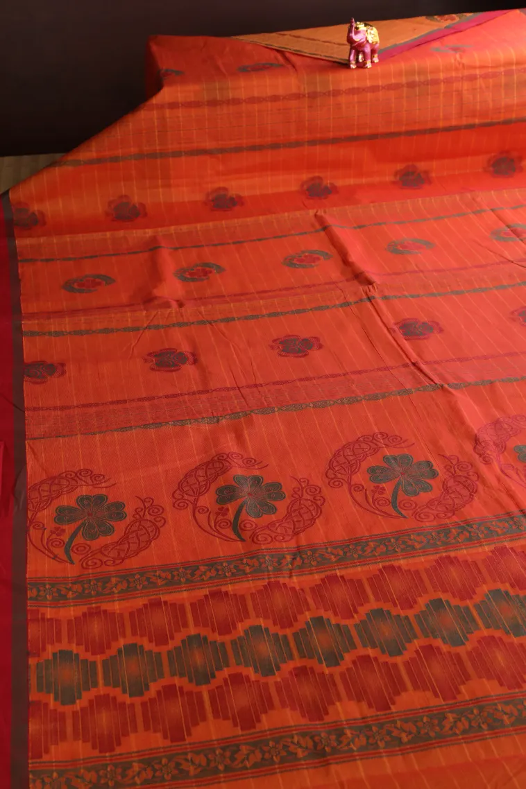 Carrot Orange Pure Handloom Kovai Cotton Without Zari With Stripes And Puttas view 2