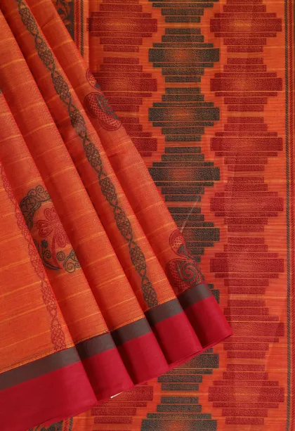 Carrot Orange Pure Handloom Kovai Cotton Without Zari With Stripes And Puttas