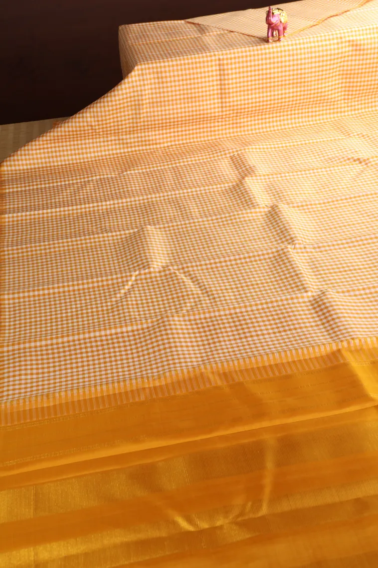 Cotton White Kanchipuram Silk Sarees with Gold Zari Small Checks Pattern view 2