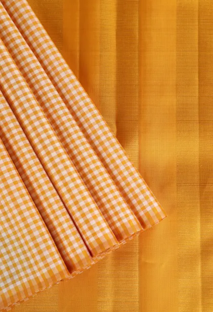 Cotton White Kanchipuram Silk Sarees with Gold Zari Small Checks Pattern