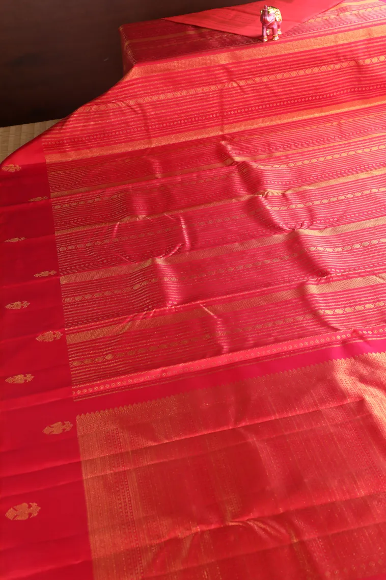 Strawberry Pink Kanchipuram Silk Sarees with Gold Zari Stripes view 2