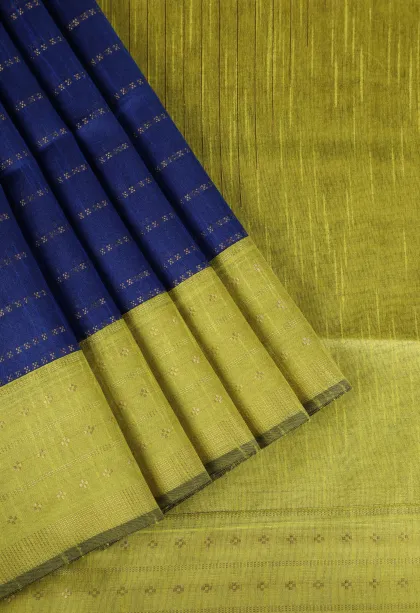 Berry Blue Tussar Saree with Gold Zari Cross Straipes