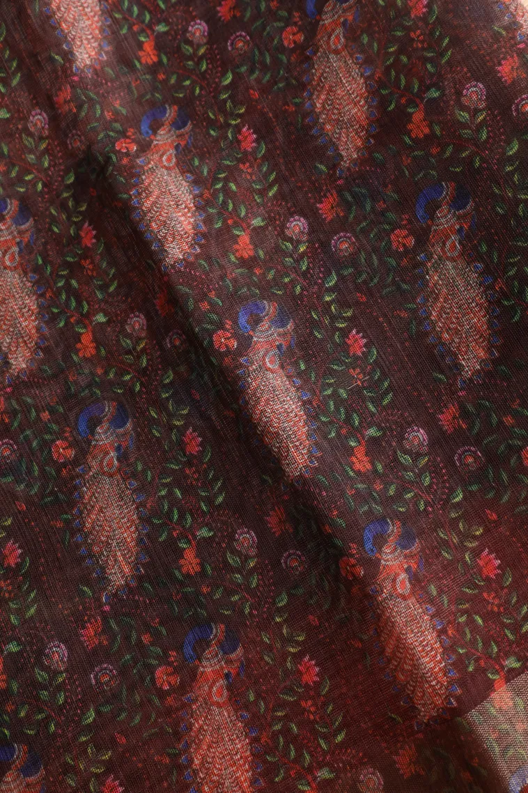 Fire Orange Linen Saree Without Zari With Geometric Shapes view 3