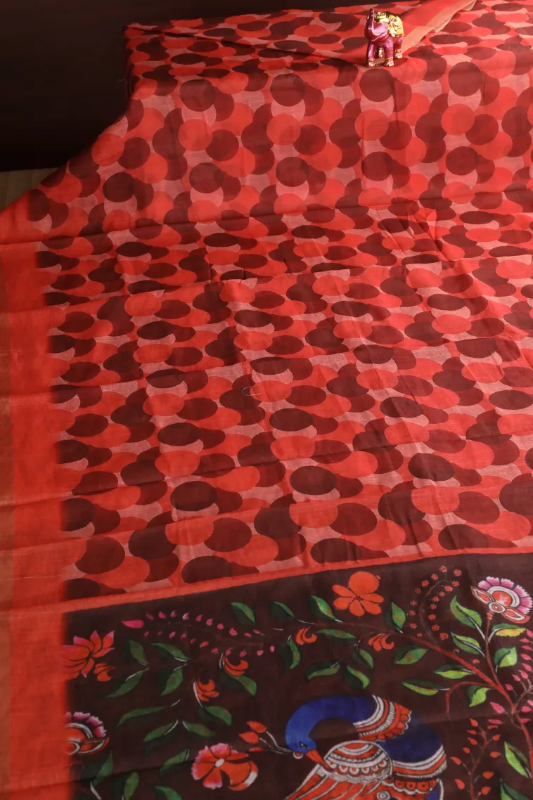 Fire Orange Linen Saree Without Zari With Geometric Shapes view 2