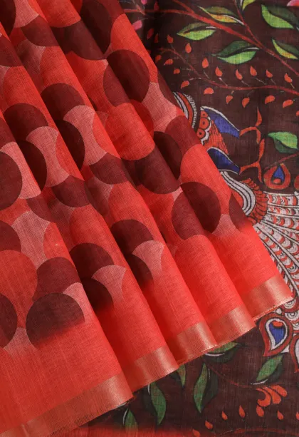 Fire Orange Linen Saree Without Zari With Geometric Shapes
