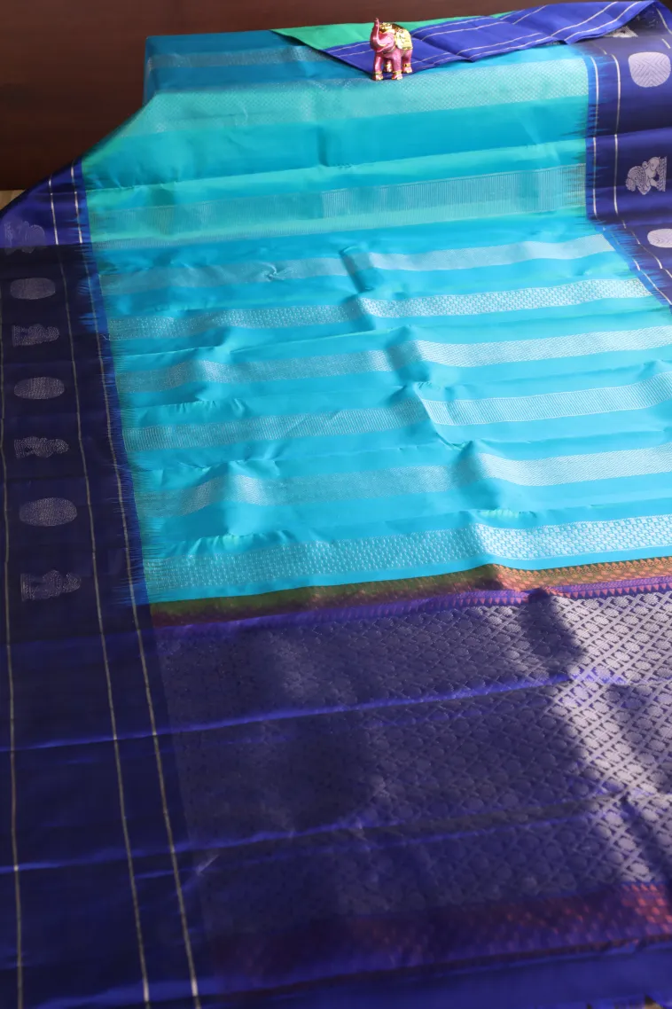 Sky Blue Soft Silk Saree with Silver Zari Stripes view 2