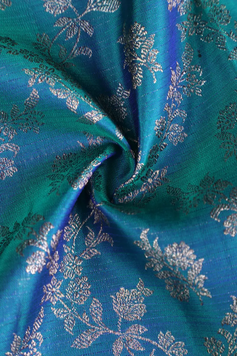 Cerulean Blue Kanchipuram Silk Sarees with Silver Zari Floral Patterns view 4