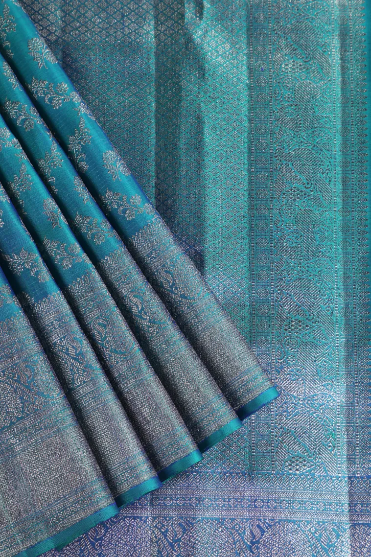Cerulean Blue Kanchipuram Silk Sarees with Silver Zari Floral Patterns