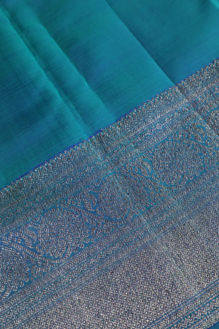 Cerulean Blue Kanchipuram Silk Sarees with Silver Zari Floral Patterns view 3