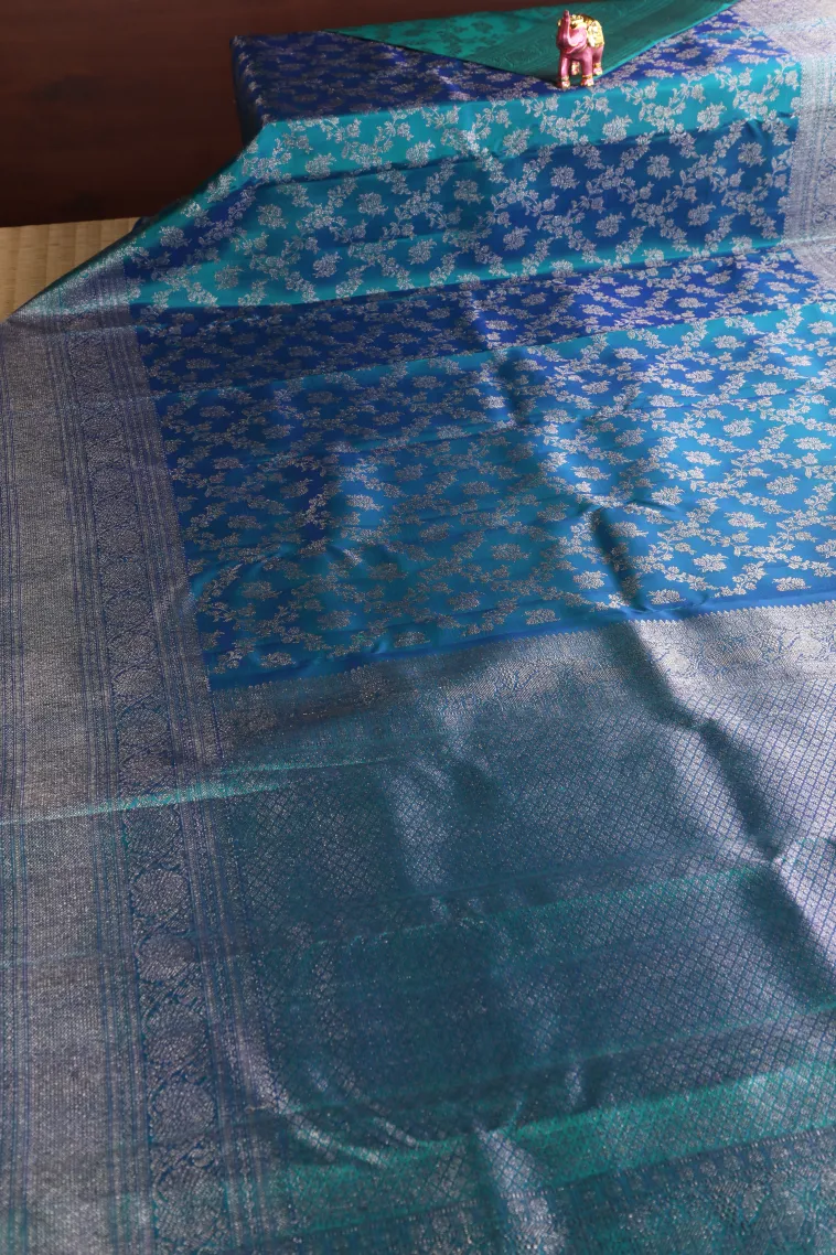 Cerulean Blue Kanchipuram Silk Sarees with Silver Zari Floral Patterns view 2