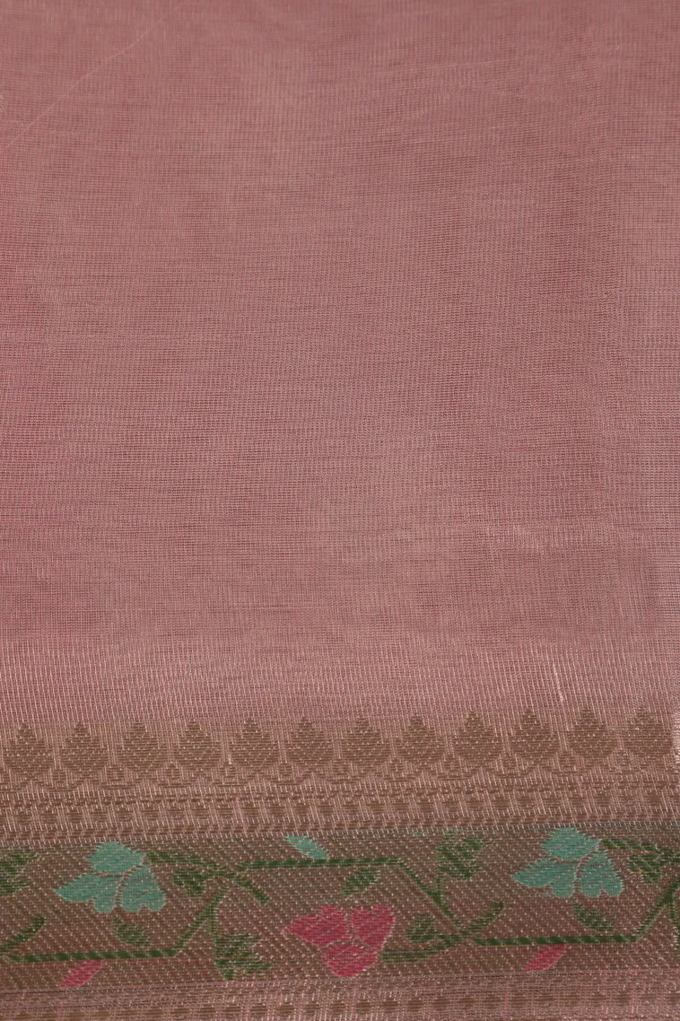 Lemonade Pink Tissue Silk Sarees with Gold Zari Flower Mottif view 3