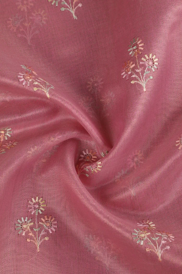 Lemonade Pink Tissue Silk Sarees with Gold Zari Flower Mottif view 4