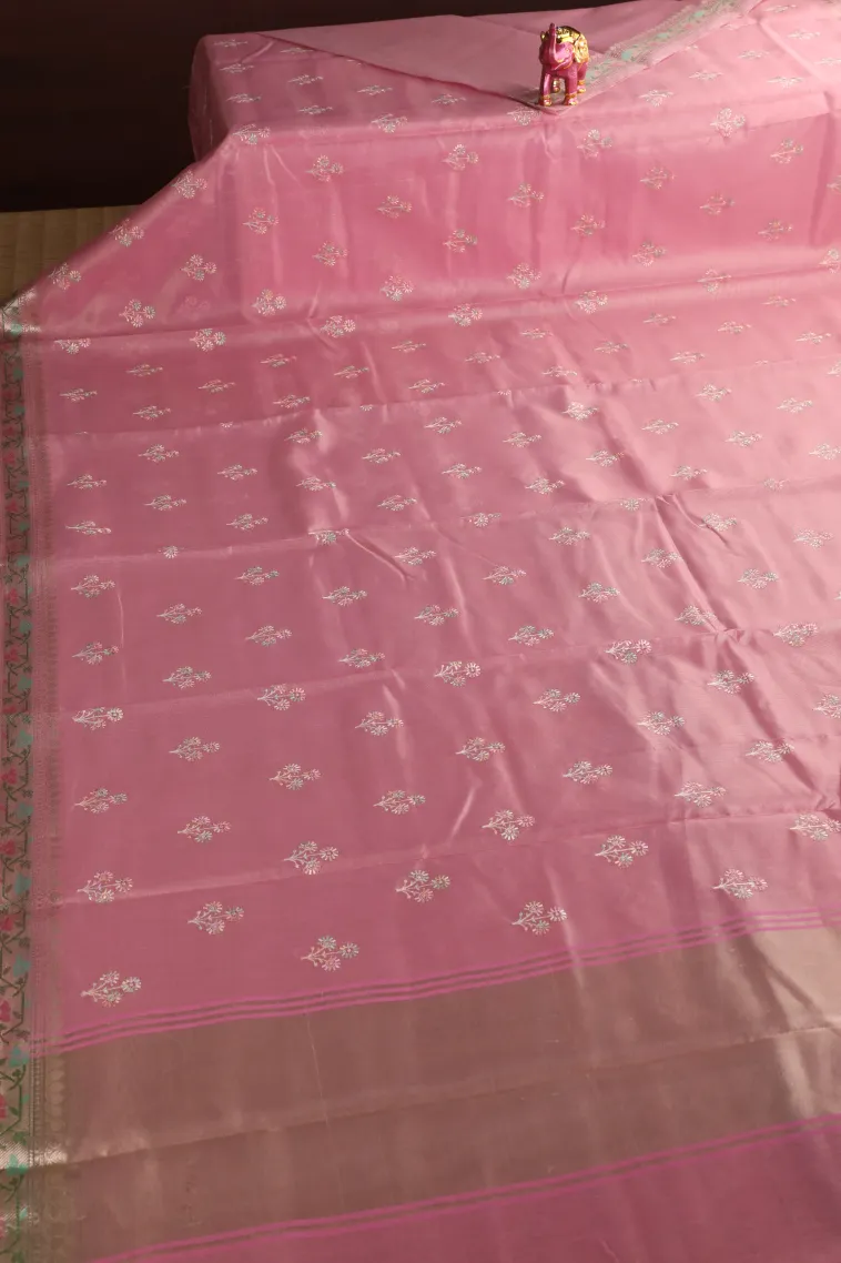 Lemonade Pink Tissue Silk Sarees with Gold Zari Flower Mottif view 2