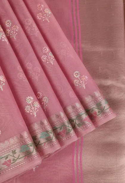 Lemonade Pink Tissue Silk Sarees with Gold Zari Flower Mottif