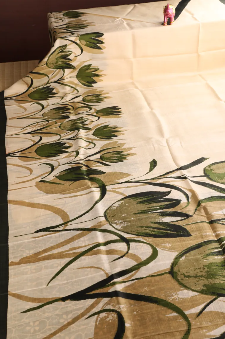 Cream White Soft Silk Sarees Without Zari With Floral Patterns view 2