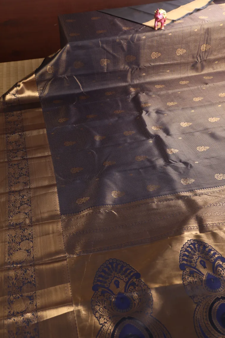 Indigo Blue Apoorva Silk Sarees with Gold Zari Small Checks Pattern view 2