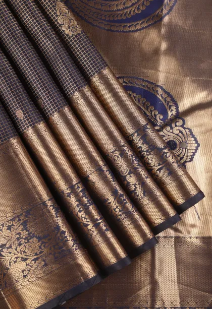 Indigo Blue Apoorva Silk Sarees with Gold Zari Small Checks Pattern