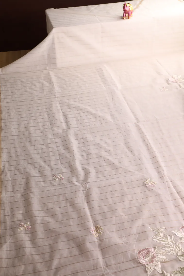 Cotton White Linen Saree with Gold Zari Stripes view 2