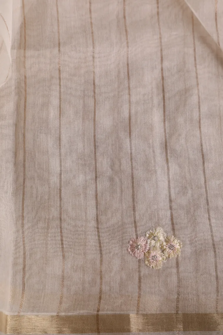 Cotton White Linen Saree with Gold Zari Stripes view 3