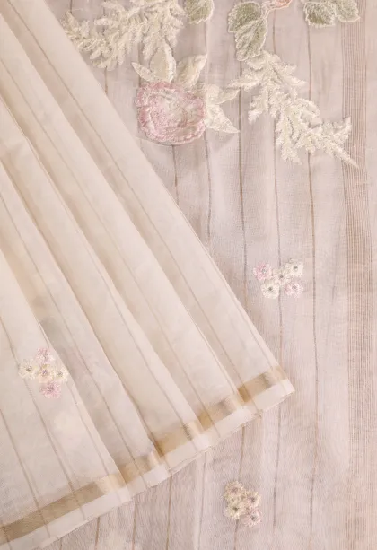 Cotton White Linen Saree with Gold Zari Stripes