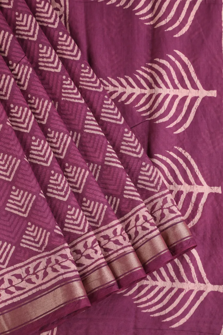 Magenta Purple Chanderi Cotton Sarees with Gold Zari Geometric Shapes